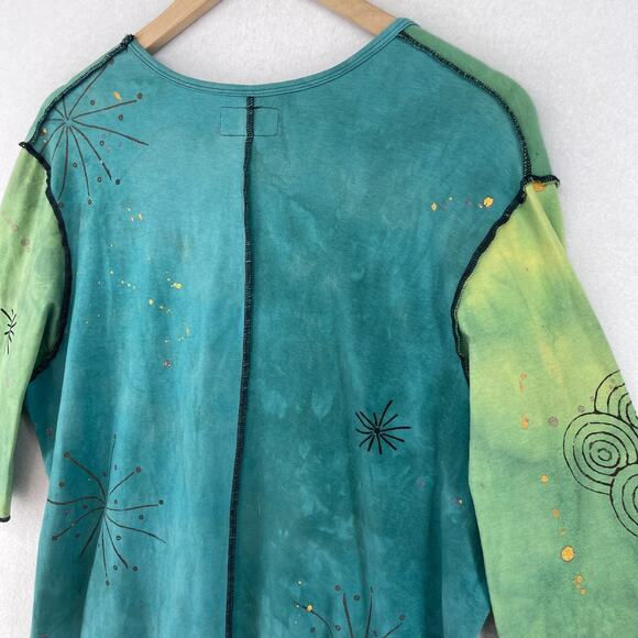 BREAD Top Womens L 3/4 Sleeve Patchwork Lagenlook Tie Dye Asymmetric Green - Picture 7 of 16